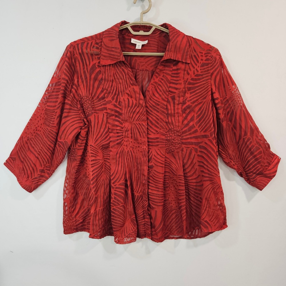 Coldwater Creek Womens Red Orange‎ Burnout Sheer Blouse Tropical Floral 2X